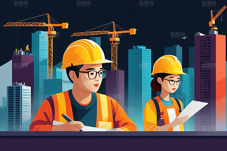 彩色工人建筑生产插画