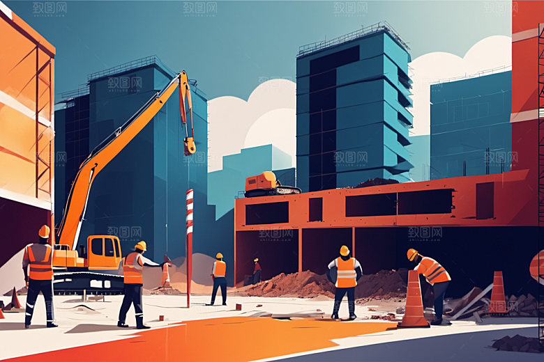 彩色工人建设工地插画