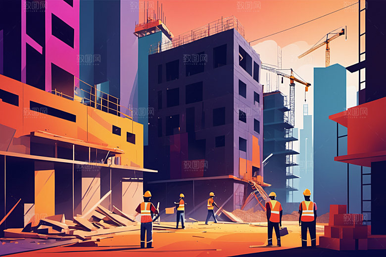 彩色工人涂鸦建设插画