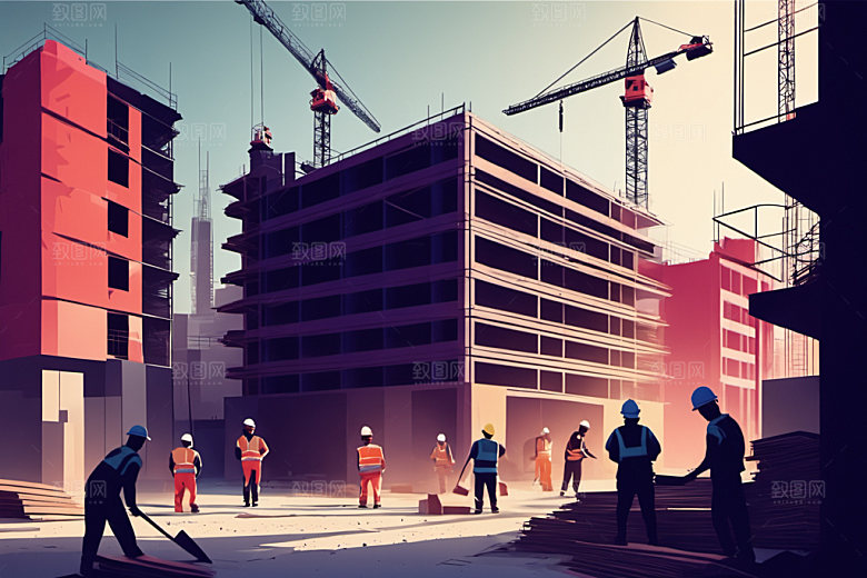 彩色工人建筑工地插画