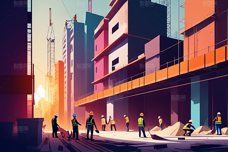 彩色工人建筑工地插画
