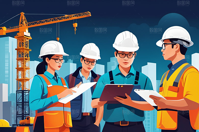 彩色工人艺术建筑插画
