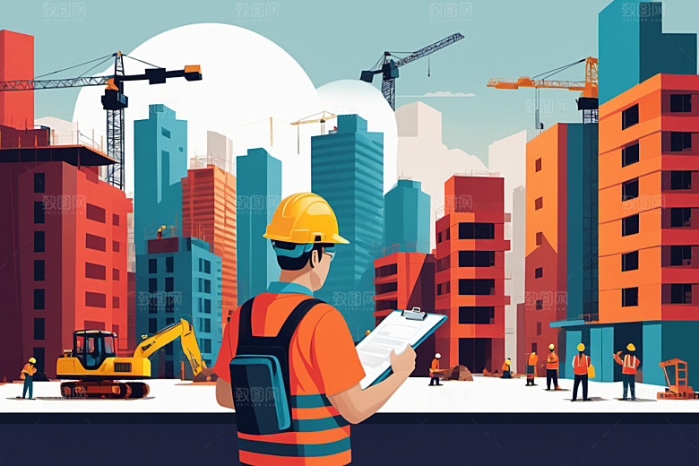 彩色工人建筑工地插画
