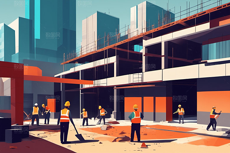 彩色工人工地建设插画