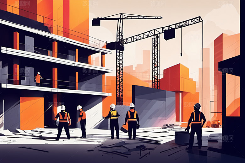 彩色工人建设工地插画
