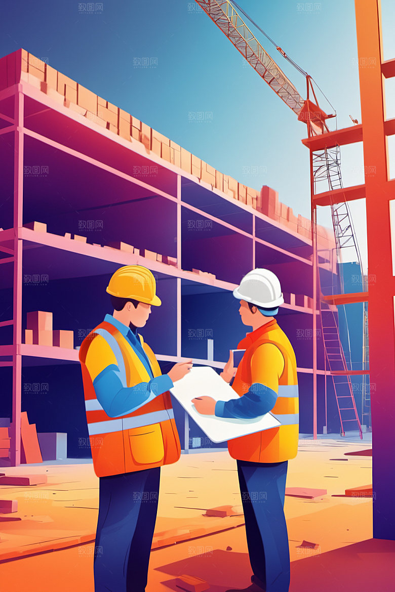 彩色工人工厂建设插画