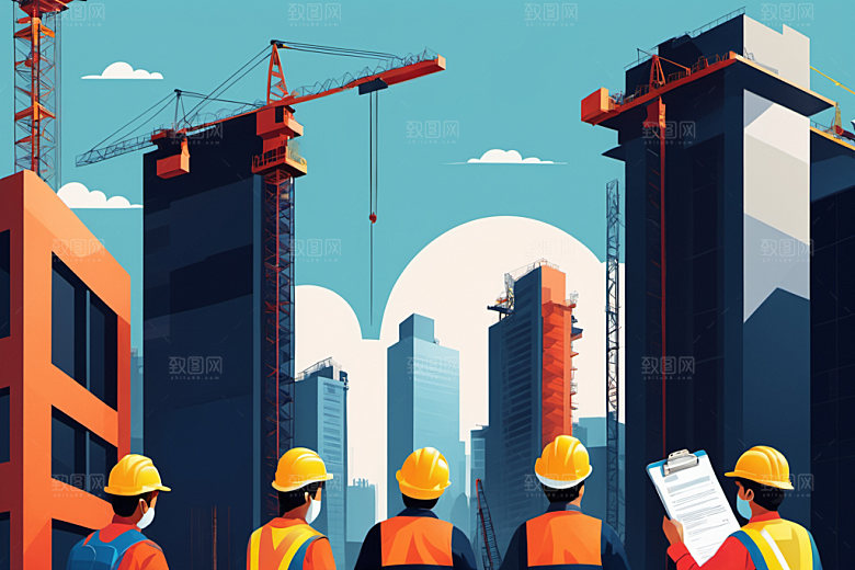 彩色工人涂鸦建筑插画