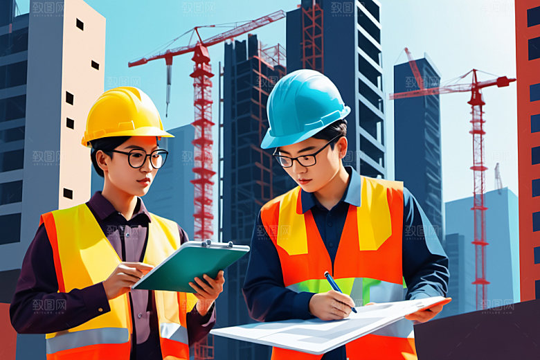 彩色工人建筑风格化插画