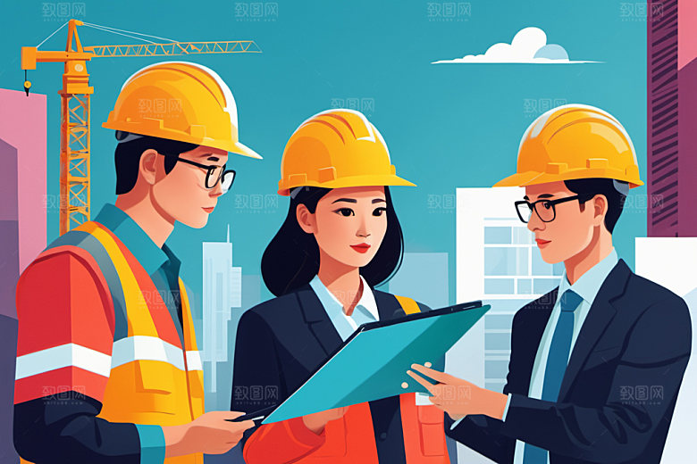 彩色工人建筑涂鸦插画