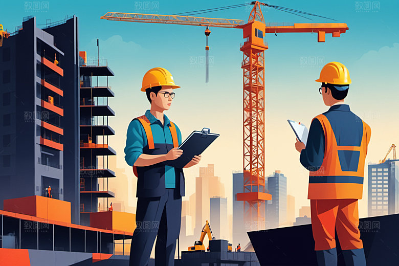 彩色工人建设建筑插画