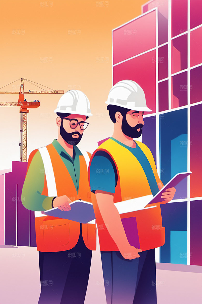 彩色工人建设工地插画