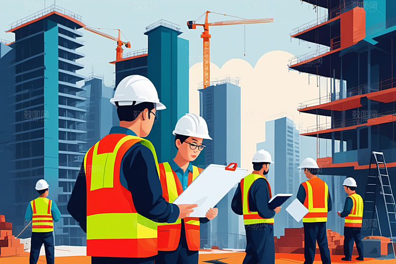 彩色工人工地建设插画