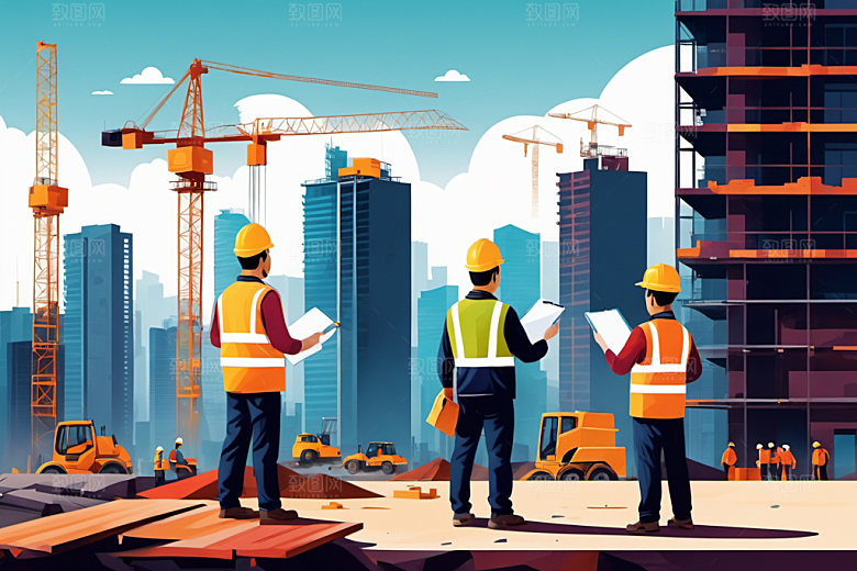 彩色工人工地建筑插画