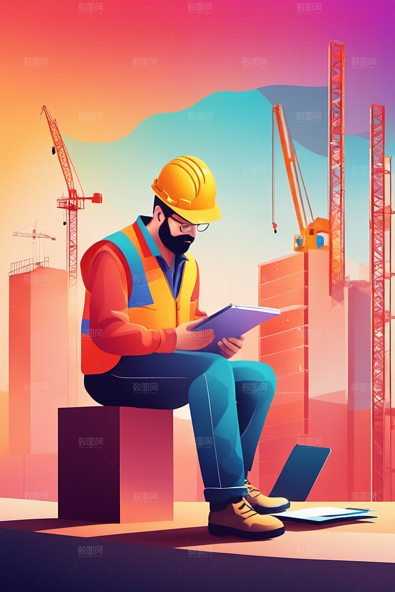 彩色工人建筑工地插画