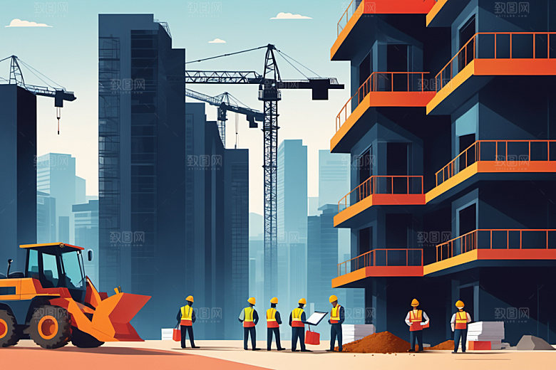 彩色工人人物建筑插画