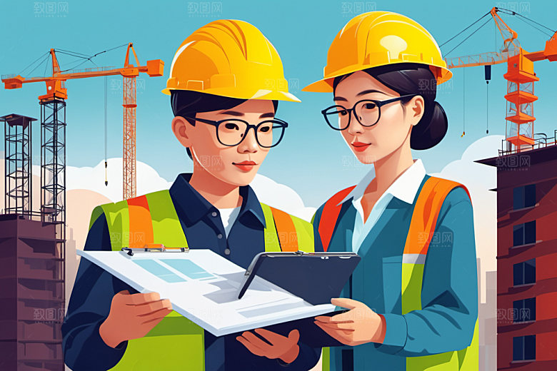 彩色工人风格化建设插画