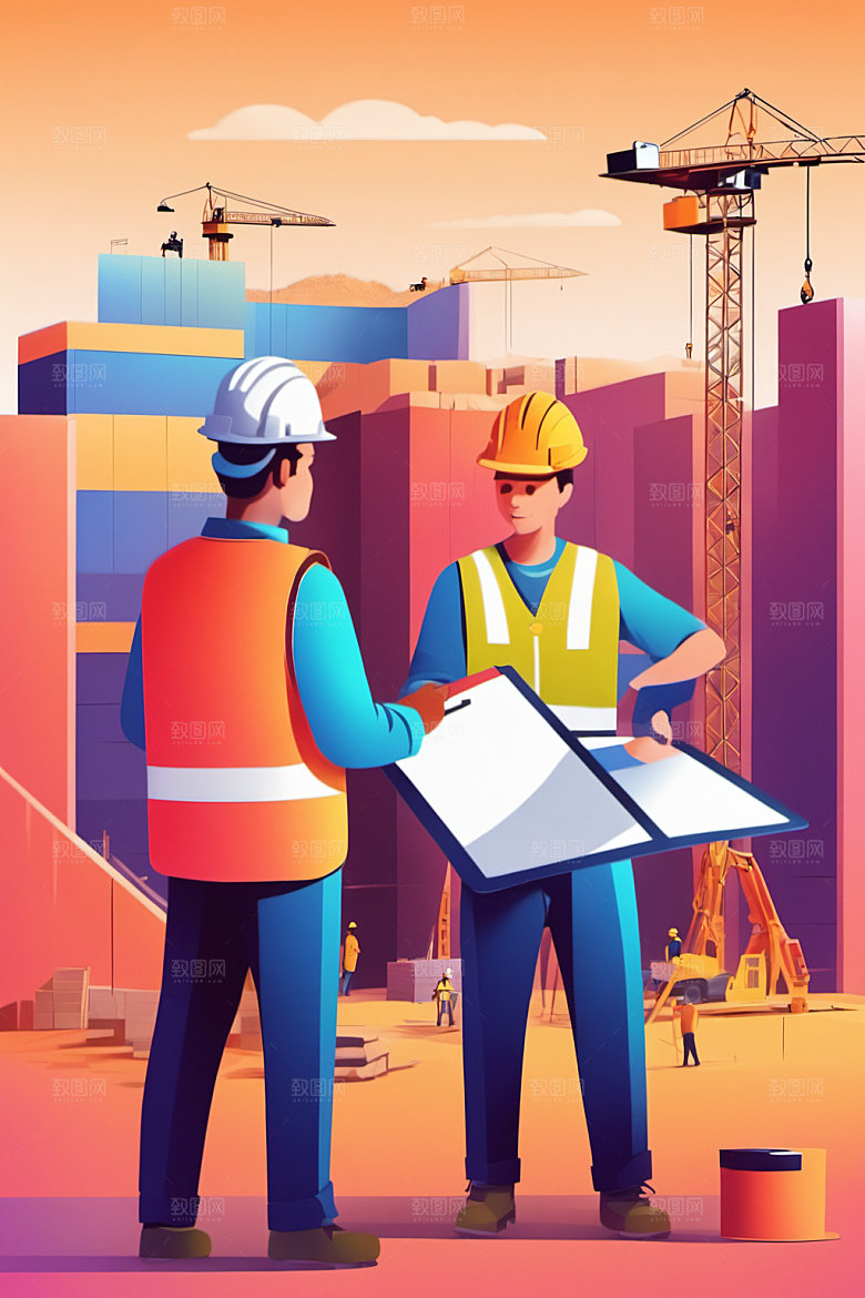 彩色工人工厂建设插画