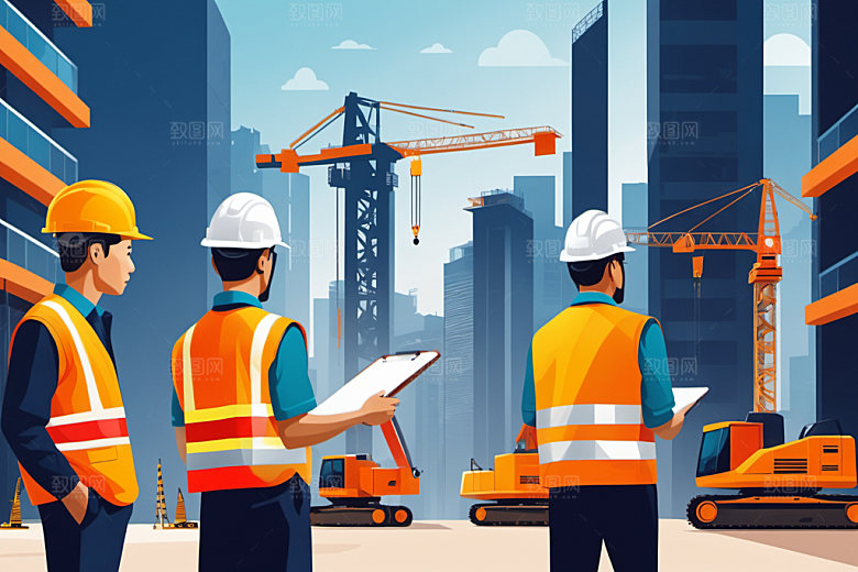 彩色工人人物建筑插画