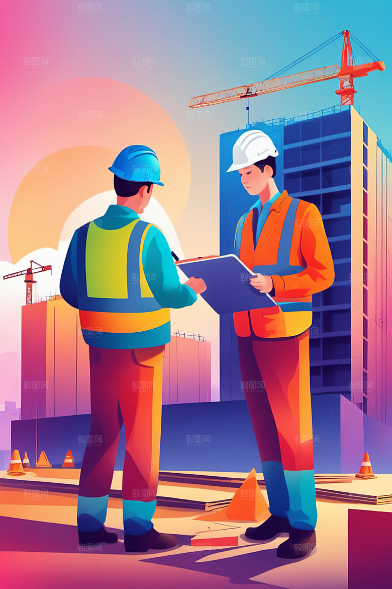 彩色工人工地建设插画