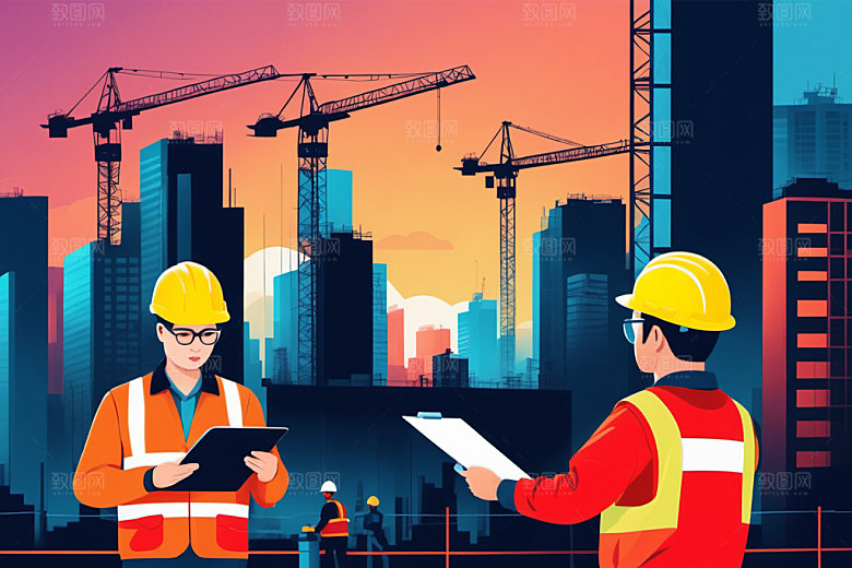 彩色工人建筑工地插画