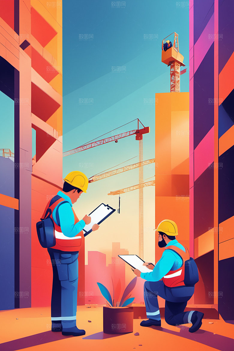 彩色工人风格化建设插画