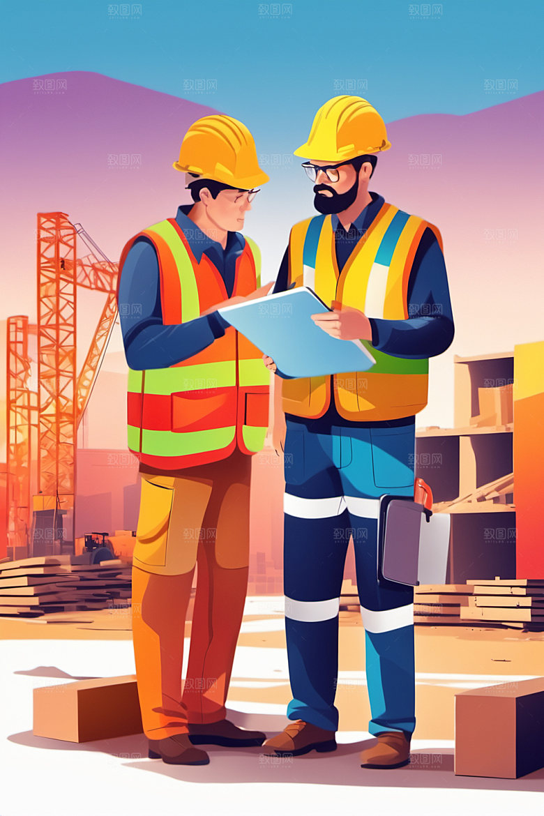 彩色工人工地建筑插画