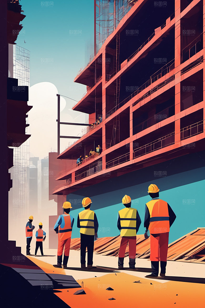 彩色工人建筑工厂插画