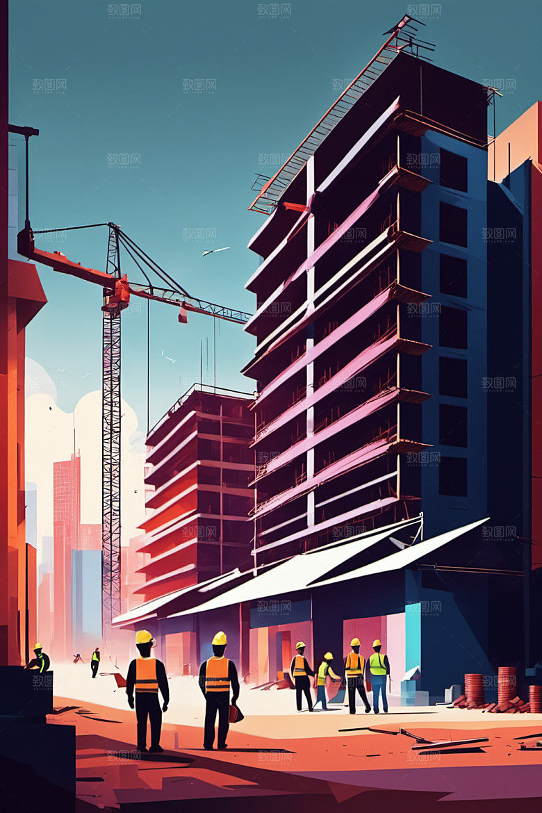 彩色工人建设人物插画