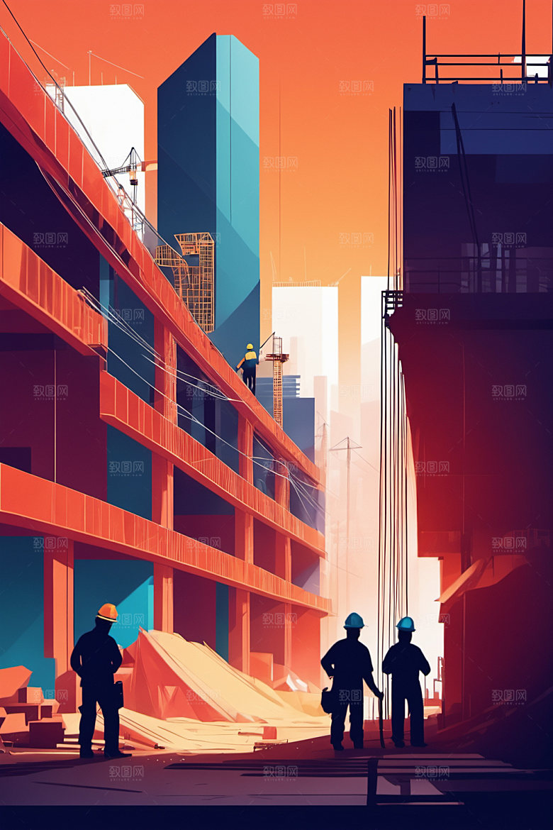 彩色工人建设艺术插画