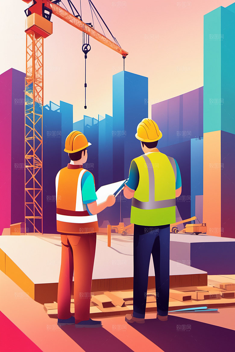 彩色工人建设工地插画