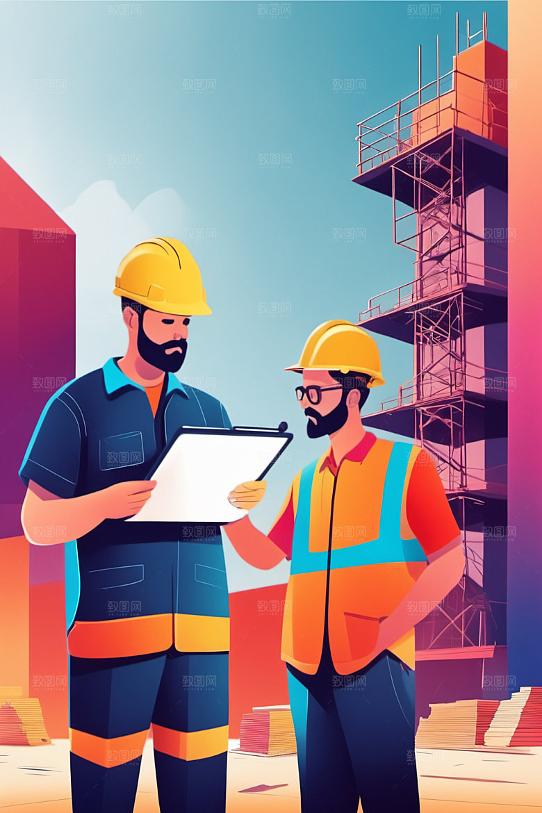 彩色工人建筑工厂插画