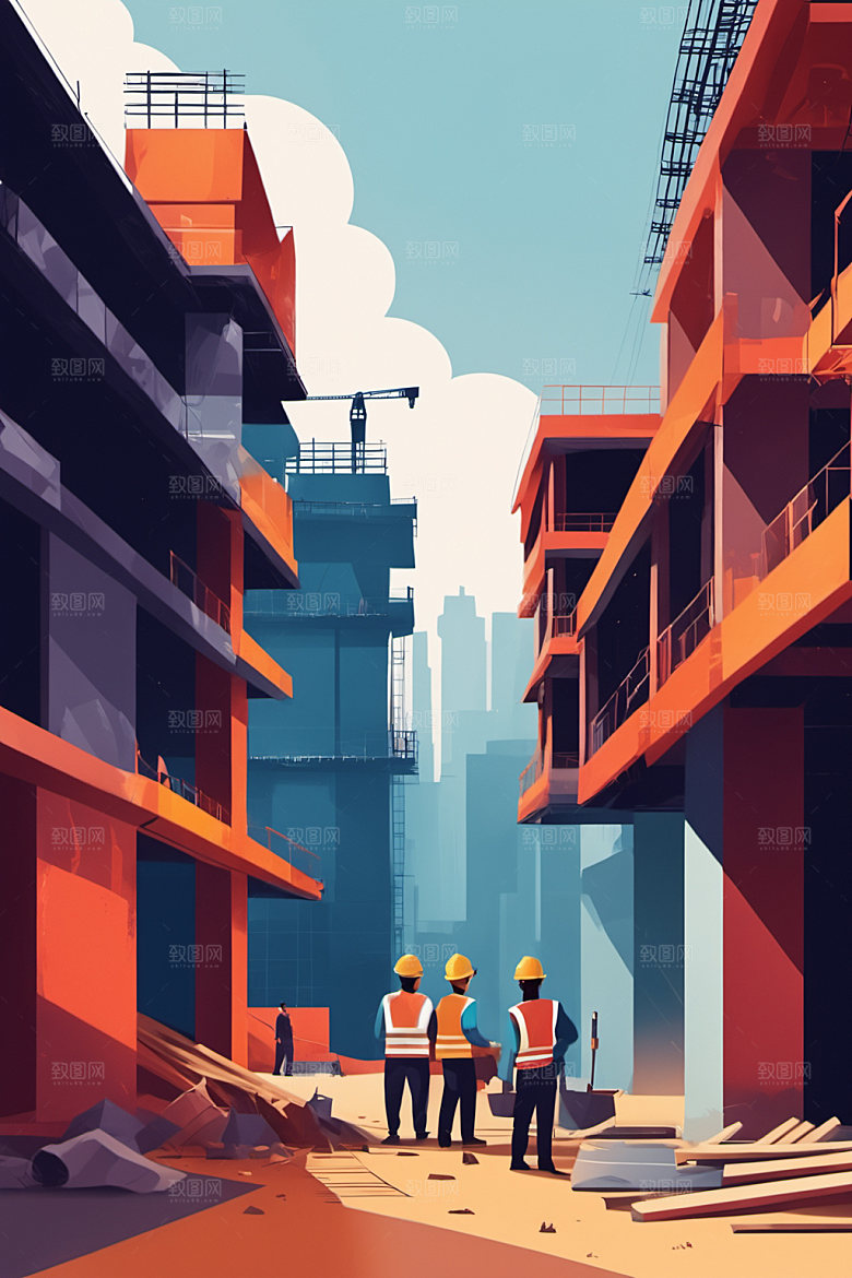 彩色工人人物工厂插画