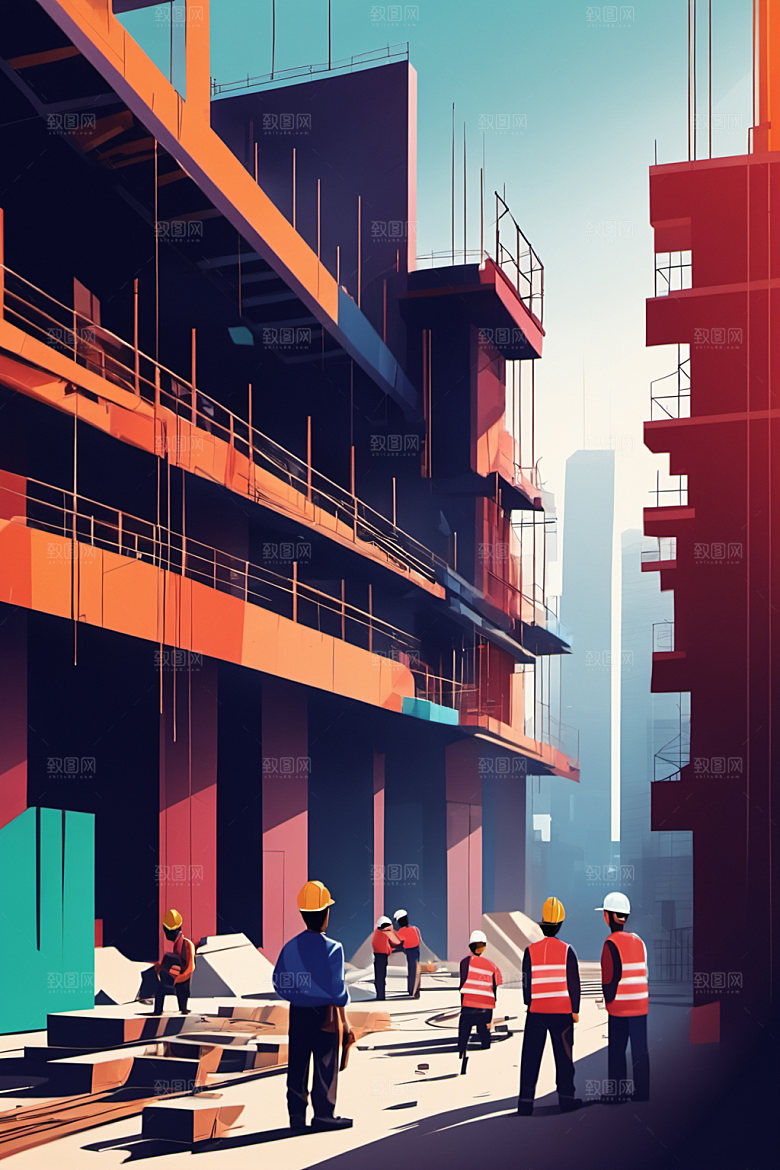 彩色工人艺术建筑插画