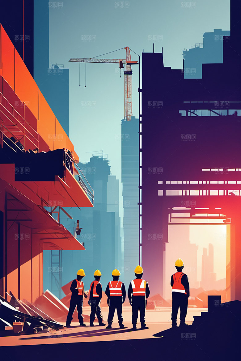彩色工人建筑工厂插画