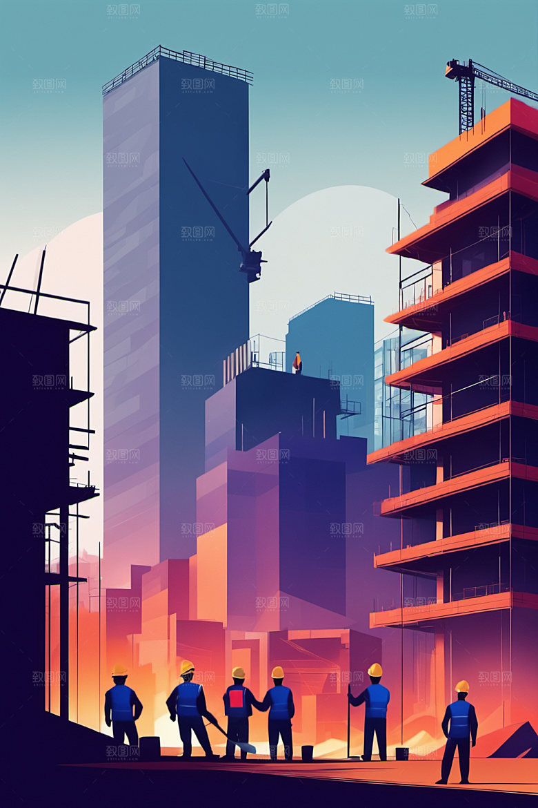 彩色工人建筑人物插画