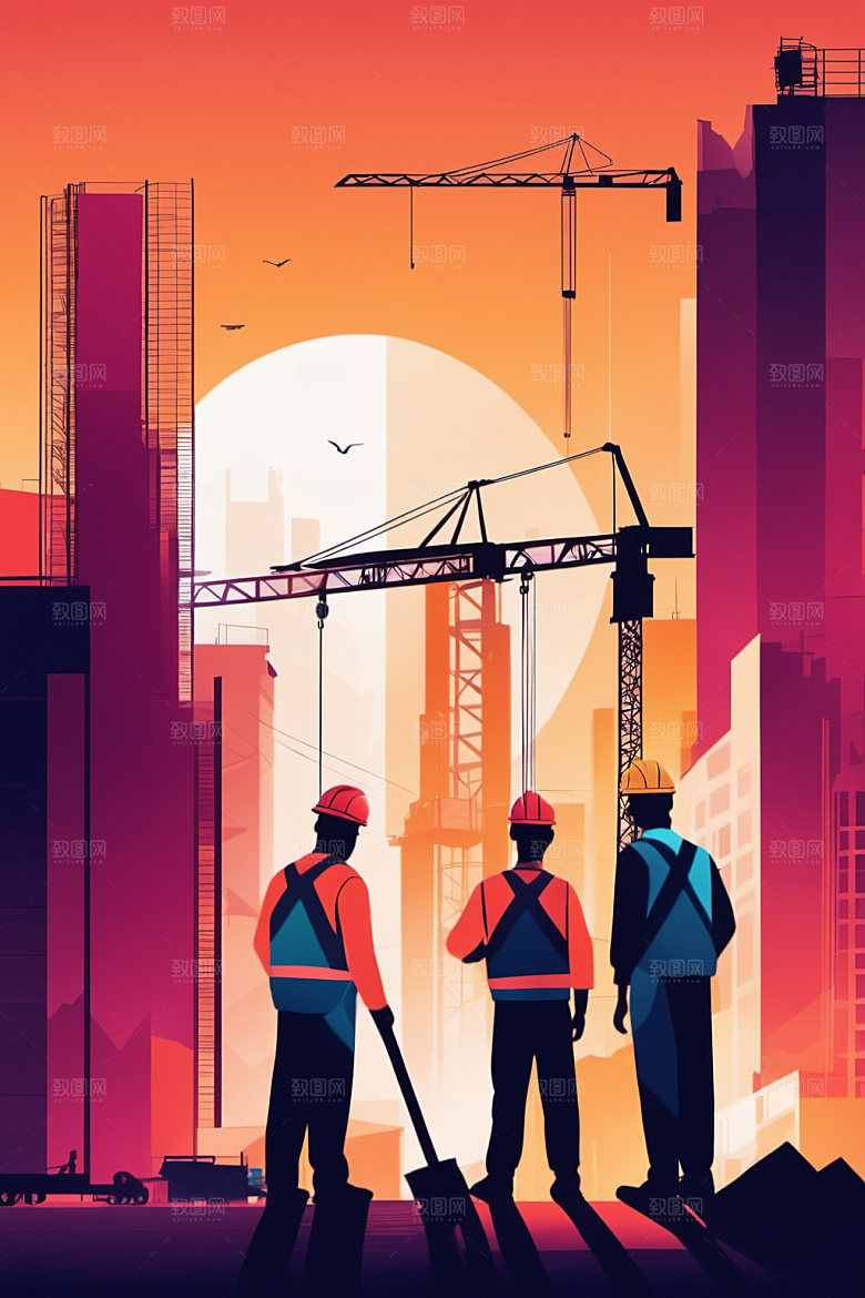 彩色工人工厂建设插画