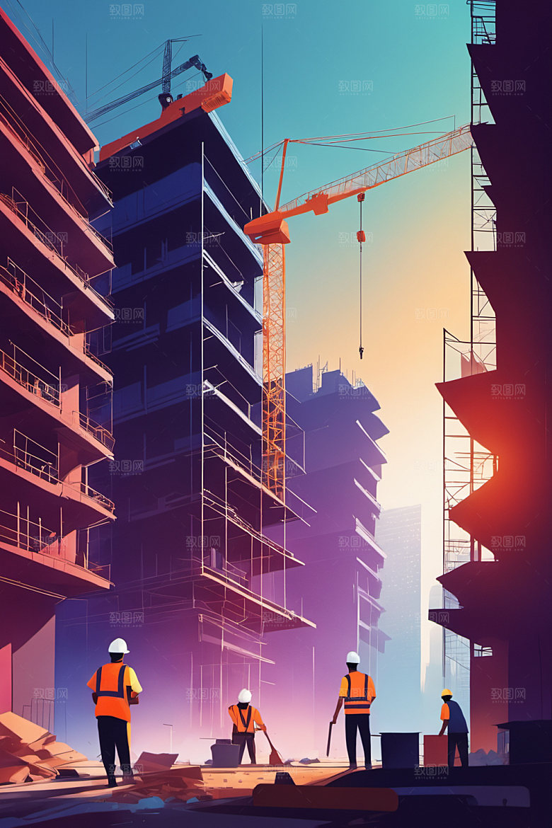 彩色工人建筑建设插画