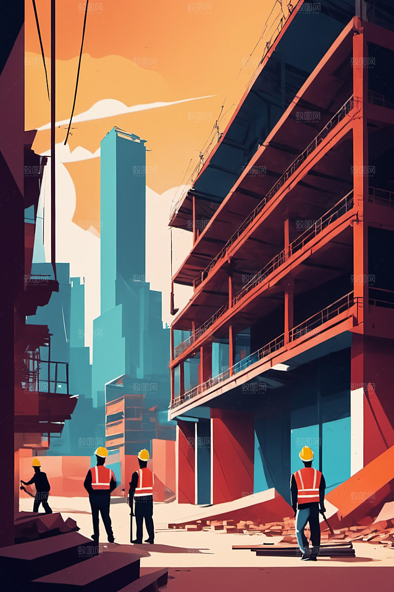 彩色工人建设建筑插画
