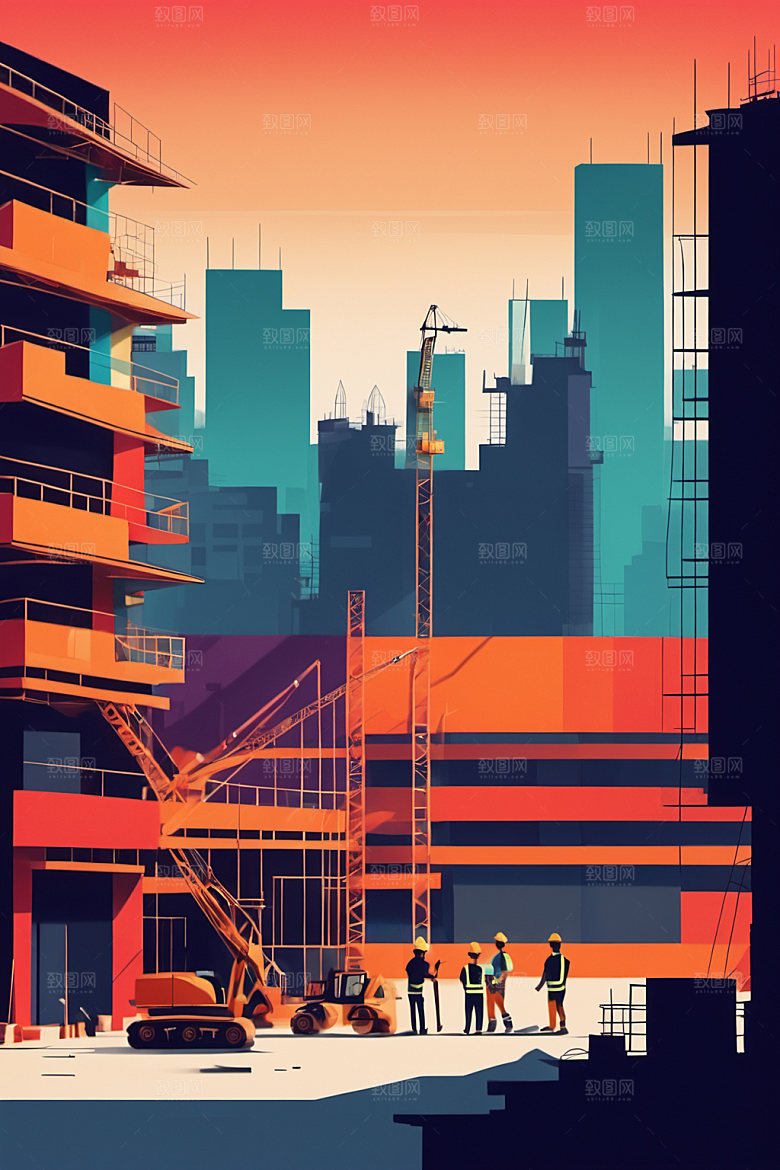彩色工人建筑工地插画