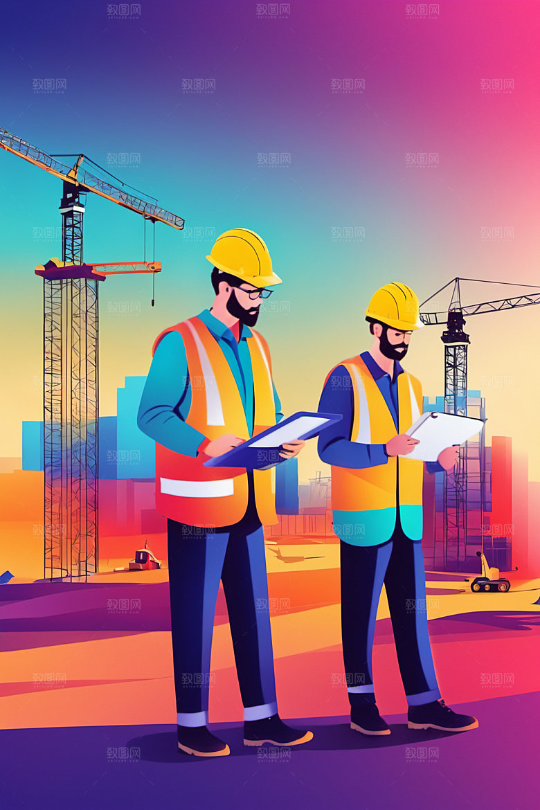 彩色工人建设建筑插画