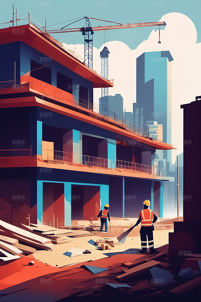 彩色工人建设工地插画