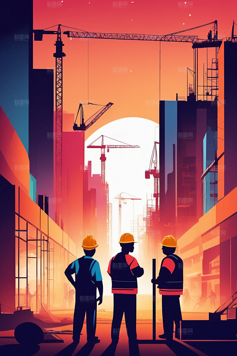 彩色工人艺术建筑插画