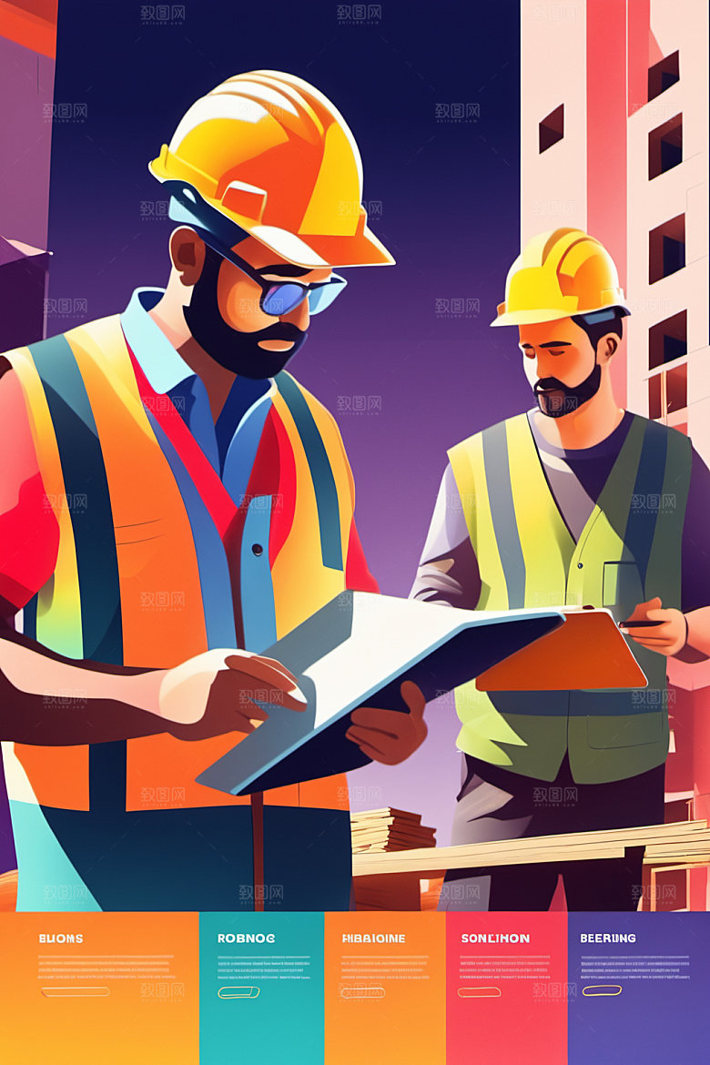 彩色工人建筑人物插画