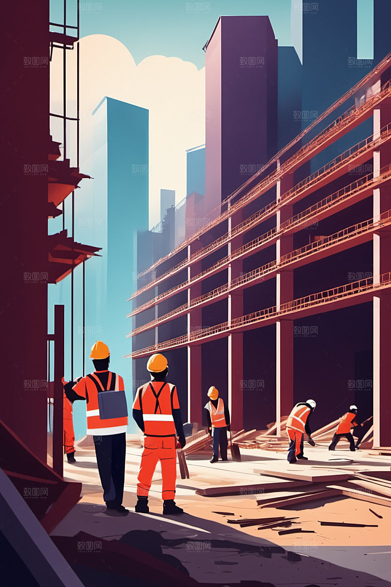 彩色工人建设工厂插画
