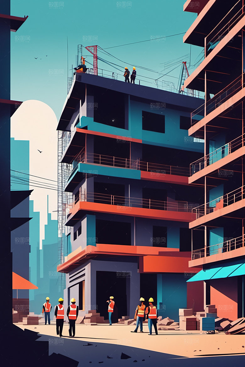 彩色工人建筑涂鸦插画