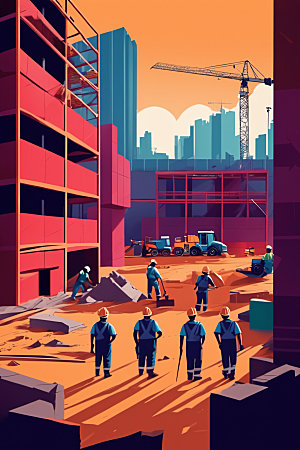 彩色工人工厂建筑插画