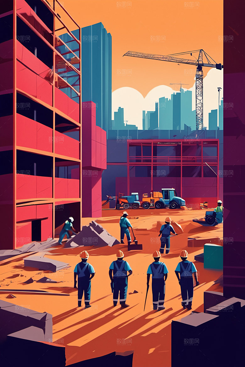 彩色工人工厂建筑插画
