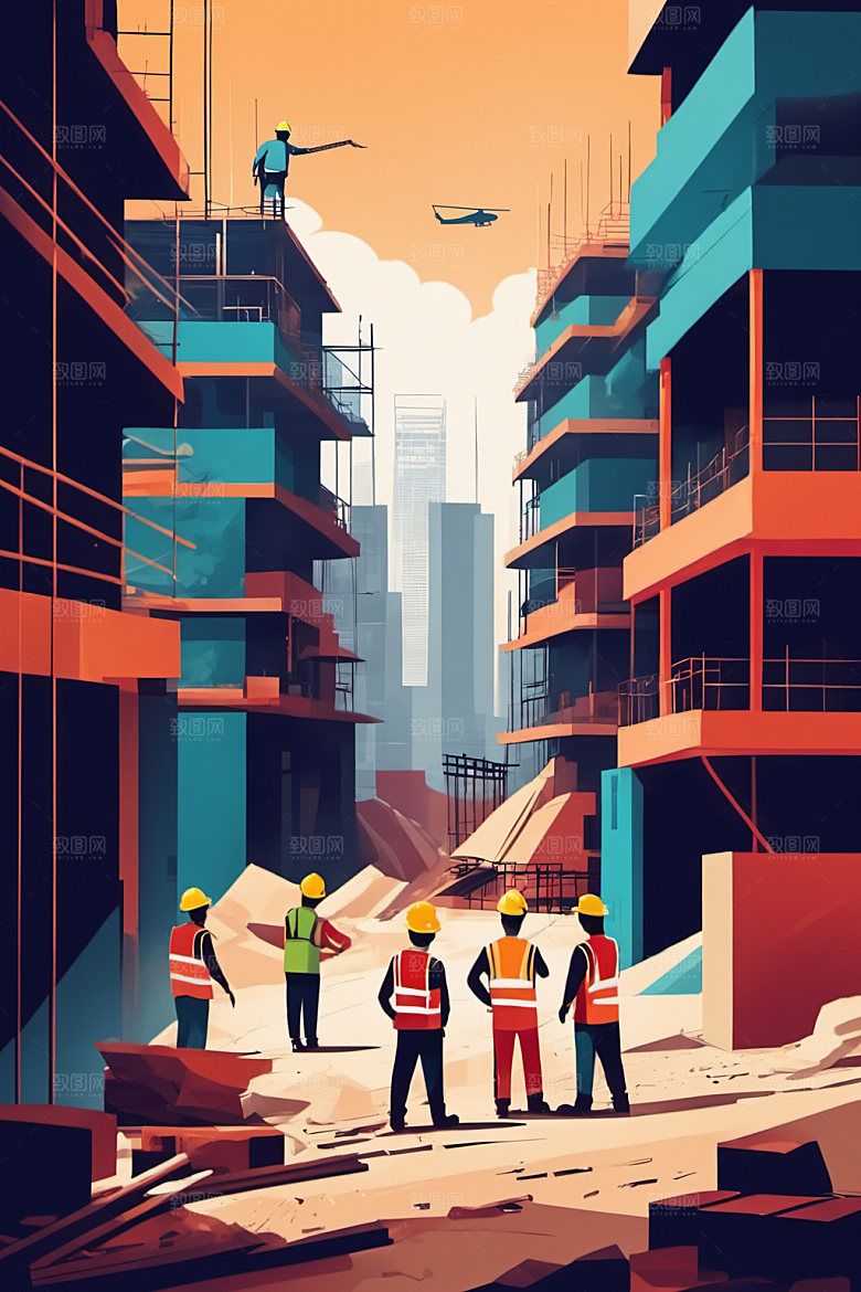 彩色工人建设风格化插画