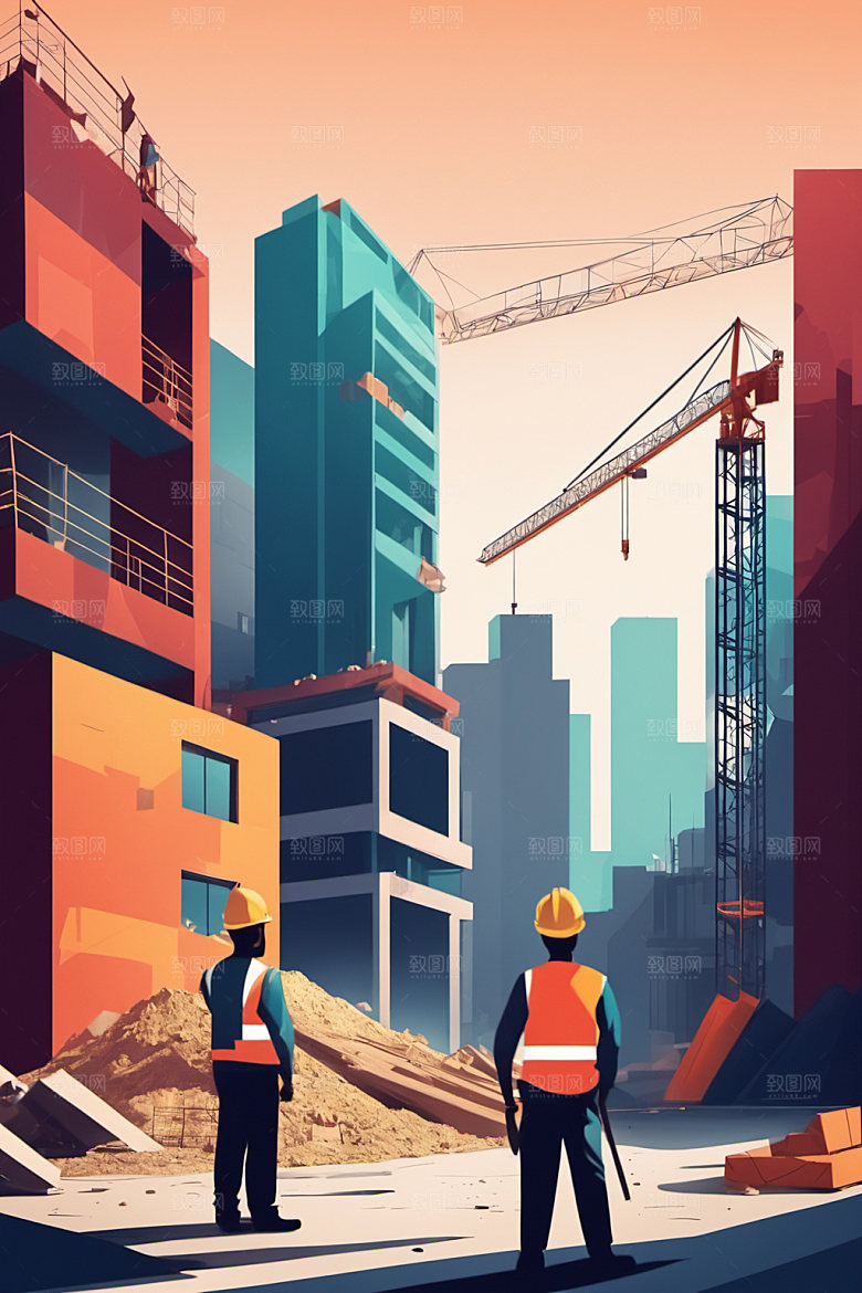 彩色工人建设生产插画
