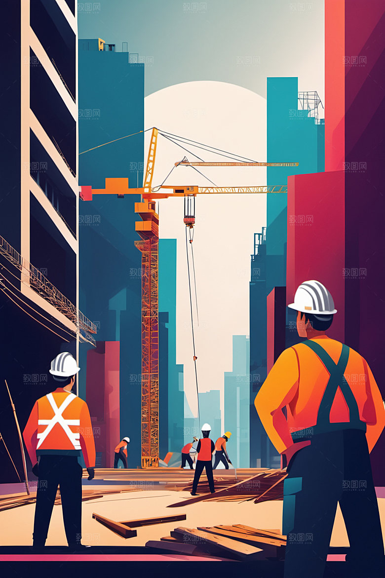 彩色工人建筑建设插画